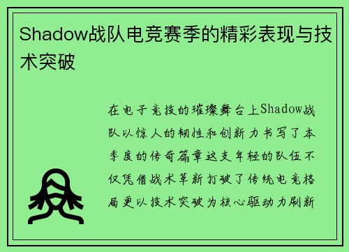 Shadow战队电竞赛季的精彩表现与技术突破